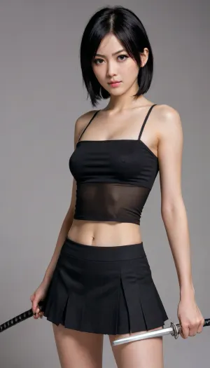Age 30, slim body, tiny height, Rukia Kuchiki's appearance, a short and petite girl with pale skin, black eyes and black hair, one strand of which always hangs over her face between her eyes, confident smirk, black miniskirt, (very short), crop top, holding katana