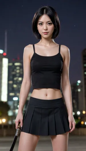 Age 30, slim body, tiny height, Rukia Kuchiki's appearance, a short and petite girl with pale skin, black eyes and black hair, one strand of which always hangs over her face between her eyes, seductive grin, black miniskirt, (very short), crop top, holding katana, fight pose, urban background, night
