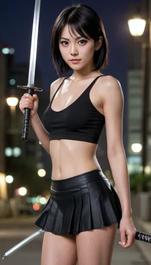 Age 30, slim body, tiny height, Rukia Kuchiki's appearance, a short and petite girl with pale skin, black eyes and black hair, one strand of which always hangs over her face between her eyes, seductive grin, black microskirt, (very short), crop top, holding katana, fight pose, injured, urban background, night
