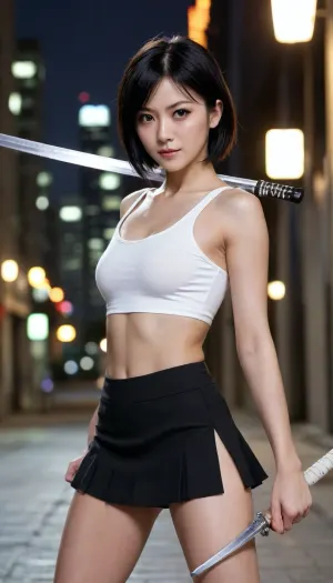 Age 30, slim body, tiny height, Rukia Kuchiki's appearance, a short and petite girl with pale skin, black eyes and black hair, one strand of which always hangs over her face between her eyes, seductive grin, black microskirt, (very short), (white crop top), holding katana, fight pose, injured, urban background, night