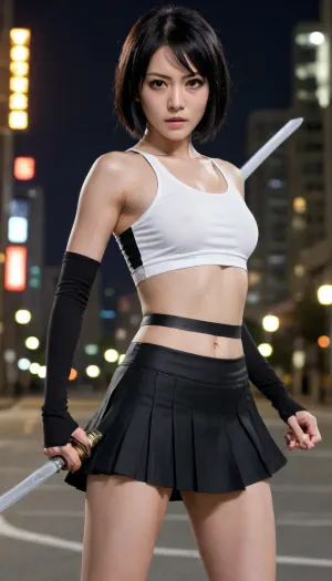 Age 30, slim body, tiny height, Rukia Kuchiki's appearance, a short and petite girl with pale skin, black eyes and black hair, one strand of which always hangs over her face between her eyes, seductive grin, black microskirt, (very short), (white crop top), holding katana, fighting, injured, (bruised), urban background, night