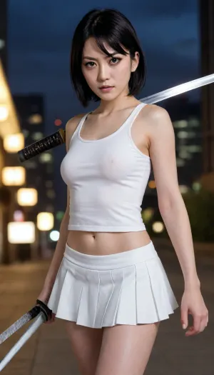 Age 30, slim body, tiny height, Rukia Kuchiki's appearance, a short and petite girl with pale skin, black eyes and black hair, one strand of which always hangs over her face between her eyes, evil grin, black microskirt, (very short), (white crop top), holding katana, fighting, injured, (bruised), urban background, night