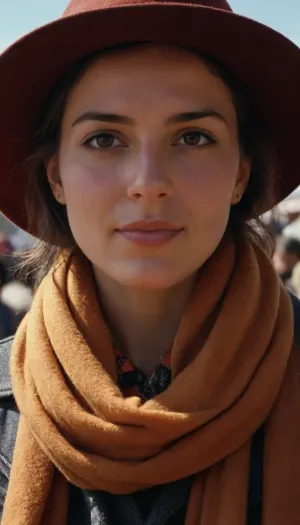 a close up of a person wearing a hat and a scarf, by Hannah Tompkins, market setting, chile, wearing collar, jenny seville, nepal, very professional, amber, looking confident, christina kritkou, # 0 1 7 9 6 f, thick collar, slightly sunny, inca style, casually dressed