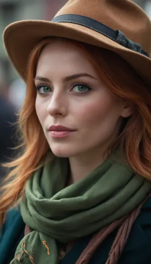 a close up of a woman 35ys, green eyes, long bronw orange hair, wearing a hat and a scarf, by Hannah Tompkins, market setting, chile, wearing collar, jenny seville, nepal, very professional, amber, looking confident, christina kritkou, # 0 1 7 9 6 f, thick collar, slightly sunny, inca style, casually dressed