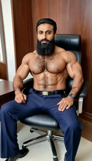 'Afzal Khan', very ruggedly handsome Muscular Pakistani Police Man, Married Muslim hunk with long beard stripping his wet sweaty uniform, his wife licking and cleaning his shoes, sweaty skin, hairy Chest and armpits, sexually frustrated dark Muslim Man, tall dilf, daddy, Virile Muscular Man sitting on Office Recliner, view from ground, Office shoes, full length formal trousers, Seductive Lusty eyes, professional photography, sharp focus, 4k high definition, insanely detailed, RAW photo, HDR, hyper-realistic, dark lighting, photo realism