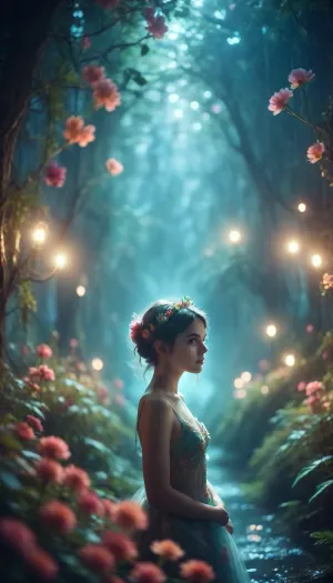(8k analog photo, faerie landscape:1.2), a, (faerie strange:1.1), forest at night with, (glowing:1.1), flowers, river, vibrant colors, <lora:M05_Intensify:1>