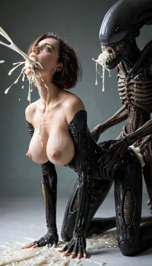 (realistic:1.5), (beautiful sexy woman with alot of excessive cum flowing out of mouth:1.3), on all fours, (violently fucked from behind by a gigantic alien grabbing her hips:1.4), (detailed face and eyes:1), exposed breasts, slender body, black hairbob cut, (large natural breasts), puffy nipples, side view, Xenomorph, <lora:Xenomorph v2:.8>