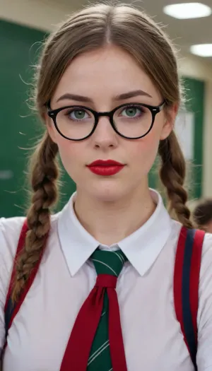 (SDXL:.3), Beautifull nerd girl with green eyes, big rounded breasts and red lips wearing specs and sexy school uniform