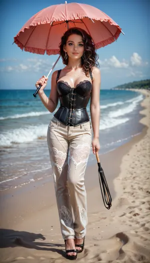 very sexy, beautiful face, a young woman of the 19th century, (holds a lace parasol in her hand), wearing knee-length lace trousers and a corset, corset unbuttoned to the waist, half-naked tits, sunny day, beach, seashore, slippery nipple, full body in frame