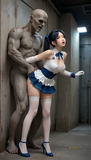 white sleeveless dress, white sleeveless dress with blue stripes on sides, blue ribbon, navy blue skirt, white elbow gloves, navy blue bracers, white stockings with a blue stripe, navy blue hair with ponytail, blue garter belt, black stiletto high heels, dark blue hair, stockings with a lace elastic band, high resolution, ultra details, bounce lines, zombie monster, zombie monster with big cock, in the laboratory, dark laboratory, zombie monster much bigger than female, breasts exposed, erect nipples, torn clothes, ripped clothes, ultra detailed, anatomically correct, fucked from behind, against the wall, vaginal penetration, doggystyle