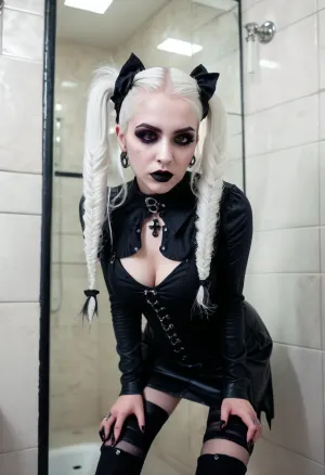 Goth girl, masterpiece, best quality, realistic, extremely realistic, extremely detailed 8K wallpaper, beautiful face, (((scared expression))), dirty bathroom stall background, hog tied, on all fours, side view, white hair, (goth clothes), (goth makeup:1.6), full body, perky breasts, skinny, slender, (((cum on face:1.3))), (sharp features), (pigtails), (cum leaking from pussy:1.3), (((dildo in pussy:1.3)))