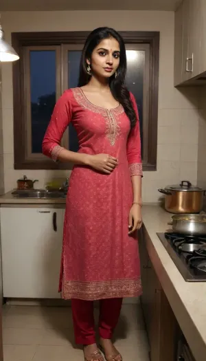 beautiful sexy slender young indian milf wearing a realistic salwar and suit y standing at night in kitchen cooking food, village kitchen, big ass uplift, transparent salwar, perfect horny view in nught in Indian village kitchen, suit, girl, big busty thick young girl figure