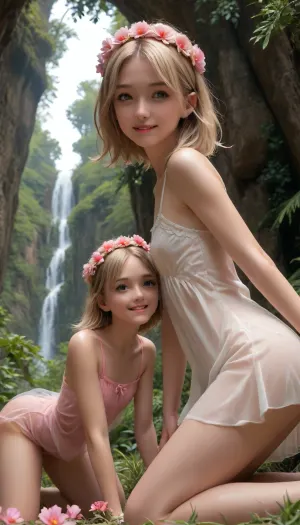 russian 18. two woman, long blonde hair, smiling face, kneels on all fours, view from side below, jungle, pink flower crown, Long, Labia, Meaty, <lora:260797_training_data:.5>, flat, chested, <lora:flat_chested_v3.5:.5>, lift up, sheer, diaphanous, dress, <lora:xl_diaphanous_dress-1.0:.5>, cum, in, cumdrip, <lora:sdxl-creampie-v02-e99:.5>