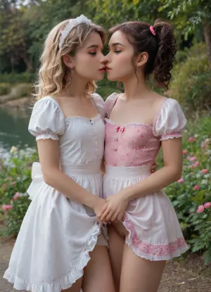 two 18 years old girls in floral design very short summer dresses, exposed midrif, the two girls mutually touch their pink pussies, walking in a garden with a lake, natural petite cutie, beautiful model, detailed face, one girl has twintails and curly hair, the other girl has blonde braids, princess makeup, (flat-chested:1.3), small tits, kissing, upskirt and hand on pussy, hand on bare breast, maid, Dollblush1, ytbb, <lora:xl_cute_maid_dress-1.0:.5>, <lora:Dollblush1:.5>, <lora:bbyt:.5>, <lora:645756_training_data:.5>