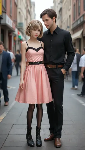 1boy, ((1Boy:1.5)), The guy in the vintage dress, vintage dress with black top and pink skirt with black polka dots, vintage belt, tights, vintage boots, full length, screw-in pleated dress
