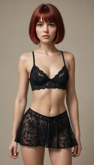 score_9, score_8_up, score_7_up, rating_safe, concept art, realistic, 1girl, solo. sexy face, Cute face, sexy body, bright red hair, (bob cut:1.4), sexy makeup, small breast. no panties, lingerie lace mini skirt. see-through skirt., (Cowboy shot:1.5), simple background.