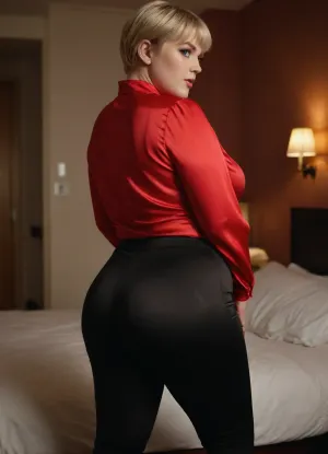 Shooting photo, in boudoir, plump 21yo, plus-sized german woman, 5'3" tall, 200 lbs weight, 34D, big breast, blonde pixie haircut, make-up, red satin blouse and black tight pants
