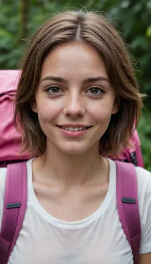 medium shot, centered, sexy girl, explorer, (((sexual erotic model pose))), brown short hair, white t-shirt, ((very much want have sex)), ((European British Scandinavian)), 18 years old, well-build body, tiny tits, small lips, lots of freckles face and skin, blush on the checks and nose, (raised nasal tip, upturned button nose, upturned nose, delicate nose, nose), loving eyes, brown wild wet hair with sidelocks, very sexy smile, wearing pink rucksack, rainforest, brown, eyes, dark-skinned, female, tan, bob, cut