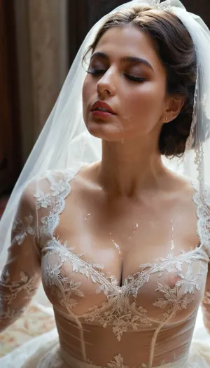 "A sensual, artistic, and erotic full-body portrait of a curvy iranian slut bride wearing a sheer, delicate white lace wedding dress that subtly reveals the curves of her body. Her posture is elegant yet provocative. Her skin glows under soft, cinematic warm light. A thick, glossy, semi-transparent viscous cum is dripping over her chest and bodice, running down her skin and the lace fabric, creating a striking contrast between purity and desire. The cum catches the light, adding a surreal, erotic tension to the scene. The bride’s facial expression is soft, dreamy, and subtly aroused, with parted lips and half-closed eyes. Background is blurred, focusing all attention on the textures — the lace, the skin, the flowing liquid — creating an intimate, luxurious, and sensual mood.", woman, cum, on, face, <lora:JustCum:1.1>