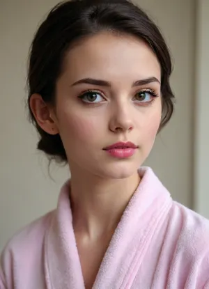 (side view:1.4), turning to viewer, 18 years old, sexy, short dark hair, tied back, small face, innocent, (young girl), (skinny), model, makeup, (pink lip gloss), cute, attractive, petite, snub nose, in a soft, white bathrobe, (looks at viewer), (pouting), photo studio