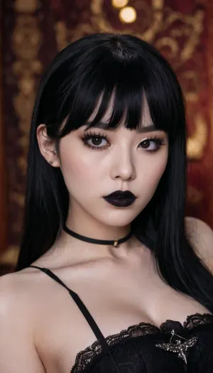 gothic, goth, (asian:1), pale skin, dark black eyes, black hair, bangs hair, black eyeliner, (black lipstick), white skin, perfect eyes, small eyes, detailed eyes, small nose, good anatomy, ultra detailed, high resolution, fake breasts, slut face, whore, (ahegao:1), sexy posing