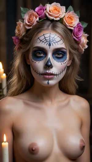 This image is an exquisite representation of a full body masterpiece, ((nude)), woman, ((perfect fit body)), in the style of a theme of the Day of the Dead, with a surreal and very detailed aesthetic. Her beautiful face is intricately painted with traditional sugar skull makeup, with ornamented patterns in shades of blue, white and black. Her deep, touching eyes are lined with dark, bright eye shadow, and the area around her body is adorned with delicate golden accents. Her long and fluid hair revolves around her in a dreamlike and ethereal way, coloured in soft silver, lavender and pastel tones, giving her a surreal quality. Beautifully intertwined in her hair are large, soft peach and blush roses, accompanied by smaller pink flowers, golden details and cobwebs. A few small and intricately detailed skulls are embedded in her hair, adding a macabre but elegant touch. Several lit candles shine softly in the foreground, their wax drips to create a creepy but serene atmosphere. The woman's expression is disturbing and serene, surrounded by elements of nature and death in perfect harmony, creating an otherworldly and gothic aesthetic