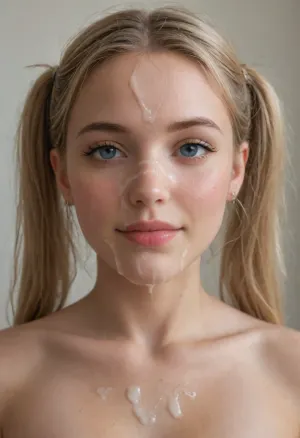 Pretty girl’s face covered by cumshot, (closeup of young face covered in cum:1.3), blonde pigtails, smiling, (face upturned:1.3), (looking upwards:1.3), full lips, large eyes, (anatomically correct), high quality photograph, realistic image, facial, cum, on, face, breasts, covered, in, perfect, <lora:Facials:.5>