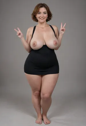 Granny, Fat mature woman 65 years old, ((wearing V Neck Sleeveless Backless Bodycon black mini Dress)), (almost-topless1.4), fair skin, ((smiling sweetly:1.2)), bedroom background, ((looking at viewer)), ((chubby body:1.3)), (((full body head to toe))), (pokies:1.3), hard nipples, sharp nipples, hairy pussy, excessive pubic hair, natural, thick, brown and auburn balayage hair, fat belly, large belly, wide hips, big hips, huge hips, h41ry, <lora:h41ry:.5>