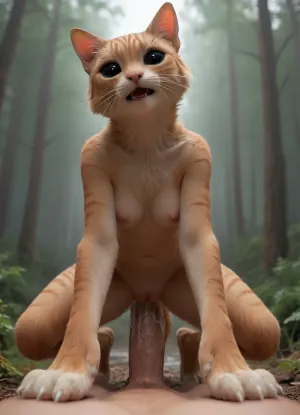 (a cat-woman monster:1.5), catlike face, (cat whiskers), head cocked to the side, curious eyebrows, ginger-tabby fur all over body, cat ears, standing in an intricate gloomy pine forest with fog and almost no light, (((digitigrade act-paws for feet))), deep dark shadows, ((Full body shot)), ((Male POV cowgirl anal)), 30 years old adult, cat-woman is squatting over huge cock for cowgirl anal, ((huge anal penetration)), (forward facing cowgirl anal:.5), ((visible breasts, visible pussy)), anus oozing cum, anal creampie, pussy creampie, (cum pouring out of pussy), (excessive cum pouring from pussy), highly-detailed anus, realistic pussy, perky breasts, hourglass figure, (tabby-striped skin:1.1), ((((all-black eyes)))), (detailed hair, black irises), 1girl, detailed face, black sclera, (no whites in her eyes), Hard eye contact, deeply curious look on her face, 3D, <lora:black sclera:.9>, <lora:EnvyInfernalXL01:.4>