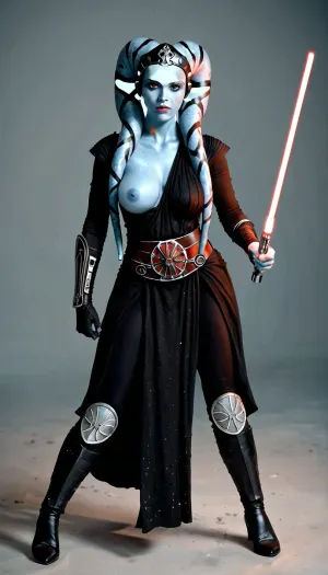 (((A full body view of awoman of 69 years old))), twi'lek, sith warrior, Star wars alien, She holds a red lightsaber, large perky breasts, (((one breast out of her armor))), gorgeous long flowing hair, battling a Jedi, highly detailed, high definition.by Hans Ruedi Giger and Ferdinand Hodler