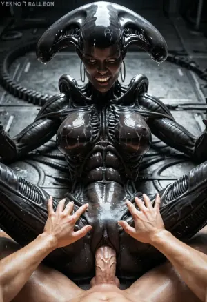 Super realism, ((black skin)), ((xenomorph queen with human face)), ((spread hands)), chained to the walls, cell, black-skinned female, no tail, no hair, ((perfect beautiful woman face)), (((human face))), ((perfect human pussy)), pussy fucking, big dick, monster cock, POV, human massive dick, fuck with man, high detail pussy, high realistic, beautiful 20yo woman face, ((front of head human from forehead transitioning to elongated back part xeno)), ((human face of beautiful woman with normal teeth and eyes)), oiled body, wet body
