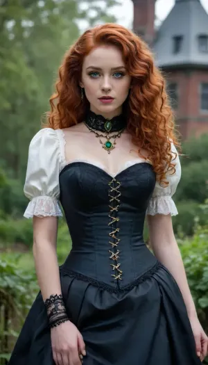 A Victorian-inspired scene featuring a 18 years old girl, very long autumn red curly hair, bright green eyes, small breasts, wearing black pearl necklace, a gold chain around her belly, golden necklace, golden earrings, wearing a dark blue leather neck choker standing in the misty garden of a haunted mansion. The woman is dressed in a dramatic, elegant white corset gown adorned with delicate lace details along the sleeves and neckline, evoking a gothic yet refined aesthetic. Her porcelain skin glows softly in the ambient light, contrasting against her dark attire. Her high-piled, intricately styled hair features voluminous curls and loose strands framing her face, lending an air of grace and mystery. She wears a choker with a black pendant, adding a subtle touch of sophistication to her ensemble. Her expression is one of gentle curiosity and subtle unease, her large, expressive eyes drawing the viewer into the eerie atmosphere.
Steve Hanks style