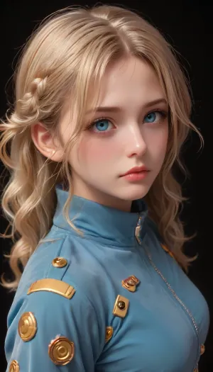 half body, 3/4 view portrait of a girl with double braid hair, blONDE wavy hair, side view, tiny boobs, facing side, cyan oversize glowing futuristic jacket, short black pants, 4ng3l, face, side angle shot, serious face, thick fat legs, athletic muscular body, heroic pose, blank background, view from side, extreme high angle shot, epic pose, looking up, <lora:SDXL_BetterFaces-LoRA_v1:.5>, <lora:FuturisticGlassesXL:.5>