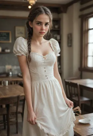 19 yo euro girl, cute, skinny, slender, not so tall, dirty blond hair, messy braided boho pomytail, large sad eyes, petite, (upturned nose), red nose tip, nice full lips, sticks out her lip in an offended manner, perfect teeth, (((blush))), (Dirndl dress), cleavage, short sleeves, (lace collar), (long skirt), black transparent tights, white socks, standing back to a cafe table, leaning back, (((pulling her skirt up))), (((showing her lace pantaloons under the skirt)))
