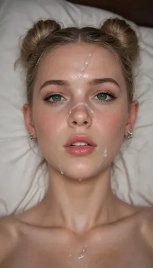 shy, laying down, fit, perfect small breasts, shaved pussy, nude bottom, small ass, green eyes, medium length bun, blonde hair, hair in bun, blonde, sexy, Fairy skin, 23-year-Old woman, beautiful face, perfect slim body, seductive, slender body, nymphomaniac, looking Horny, hotel room, seduction, small perfect ass, perfect legs, bust shot, (cum on face:1.5), View From Above, Look Into Eyes, cum dripping out of mouth, blowjob, at night, moody, dark lighting, laying down on bed, on back