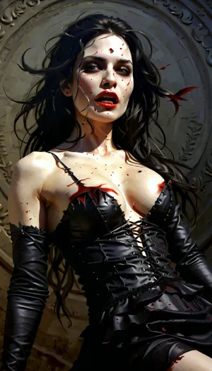 beautiful vampire woman, tomb, long black hair, long canines, teeth vampire, open mouth, blood tears, long nails, view full body, Vampire, girl, Blood, on, lips, Thong, black, sclera, red, eye, iris, VtmArt, <lora:Mistress_of_the_night-000016:.6>, <lora:bynightPortraits-XL:1>, <lora:738835_training_data:1.1>, <lora:VtmArt:.8>
