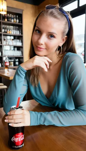 A tall, slender young woman with fair skin and long, naturally straight light brown hair, parted slightly to one side. She has subtle makeup, light pink lips, and soft blue eyes. Her expression is kind and intelligent, with a faint, knowing smile. She’s resting her chin gently on her hand in a relaxed and slightly playful pose. Wearing a light pink V-neck blouse with long sleeves. On her head are tortoiseshell sunglasses pushed up like a headband. She has small silver hoop earrings. Seated at a wooden table in a cozy modern café with glassware on the table — a Coca-Cola bottle, textured glass with dark soda, and two simple water glasses. In the background, soft focus modern interior with glass walls, bar shelves, and warm natural light. Casual atmosphere, photorealistic style, ultra high detail, 85mm lens depth of field.