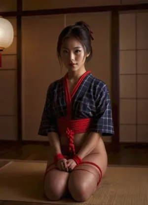 "A young cute petite Japanese woman elegantly posed in a traditional tatami room, wearing a unique sexy plaid-patterned kimono inspired by kasuri weaving techniques. The fabric showcases a beautiful blend of deep indigo, white, and subtle red or brown checkered designs, maintaining a traditional yet distinctive aesthetic. She is bound in an intricate and symmetrical Shibari style with natural jute or red ropes, highlighting the precision of traditional Japanese rope artistry. The soft glow of paper lanterns casts warm light over the serene setting, where shoji screens and wooden textures enhance the authenticity of the environment. Her expression is calm, embodying grace, tradition, and the aesthetic balance of Japanese culture.", <lora:shibari_bondage_-_v0.9.1.2-000010:1.4>