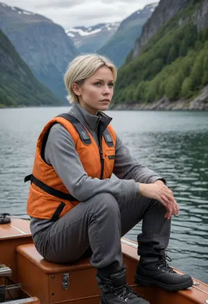 (masterpiece, best quality:1.2), 1 girl, swedish film character Rebecka Martinsson, solo, grey cotton fabric cargo pants, hiking boots, orange life jacket, cap, (anthracite velvet troyer:1.4), outdoors, white blonde hair, bright ice blue eyes, short haircut with side parting, hair tucked behind ears, she sits on a small motorboat, sunny summer norwegian fjord landscape, she looks into the distance, serious look, photorealism