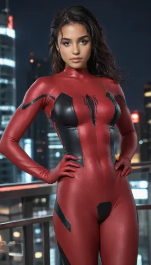 (masterpiece, best quality, absurdres), 1girl, solo, cowboy shot, sw2099, red eyes, young dark-skinned supermodel female, looking at viewer, hands on hips, glowing, skimpy intricate spiderman leotard bodysuit, hourglass body, muscular, outdoors, New York city Time Square below, night, on rooftop., tyxla, <lora:tyla_juggerX_xl_1_st_wocap-tyxla-000086:1>, spiderman, ps4, spider, web, printing, red, bodysuit, <lora:d0429b4d-4b02-4aad-b9e8-d20d30298f9f (1):.5>