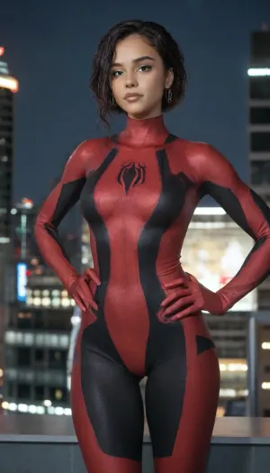 (masterpiece, best quality, absurdres), 1girl, solo, cowboy shot, sw2099, red eyes, young dark-skinned supermodel female, looking at viewer, hands on hips, glowing, skimpy intricate spiderman leotard bodysuit, hourglass body, muscular, outdoors, New York city Time Square below, night, on rooftop., tyxla, <lora:tyla_juggerX_xl_1_st_wocap-tyxla-000086:1>, spiderman, ps4, spider, web, printing, red, bodysuit, <lora:d0429b4d-4b02-4aad-b9e8-d20d30298f9f (1):.5>