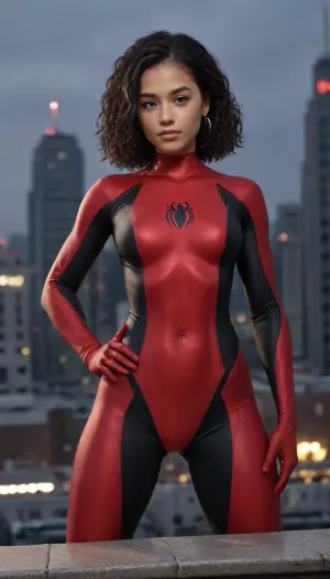 (masterpiece, best quality, absurdres), 1girl, solo, cowboy shot, sw2099, red eyes, young dark-skinned supermodel female, looking at viewer, hands on hips, glowing, skimpy intricate spiderman bodysuit, hourglass body, muscular, outdoors, New York city Time Square below, night, on rooftop., tyxla, <lora:tyla_juggerX_xl_1_st_wocap-tyxla-000086:.5>, spiderman, ps4, spider, web, printing, red, bodysuit, <lora:d0429b4d-4b02-4aad-b9e8-d20d30298f9f (1):.5>