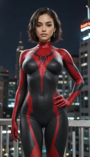 (masterpiece, best quality, absurdres), 1girl, solo, cowboy shot, sw2099, red eyes, dark-skinned female, looking at viewer, hands on hips, glowing, skimpy black bodysuit, muscular, outdoors, New York city Time Square below, night, on rooftop, tyxla, <lora:tyla_juggerX_xl_1_st_wocap-tyxla-000086:.7>, ohwx, woman, <lora:madison_beer_lora_128:.3>, spiderman, ps4, spider, web, printing, red, bodysuit, <lora:d0429b4d-4b02-4aad-b9e8-d20d30298f9f (1):.5>
