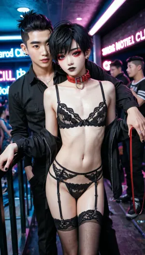 Two boys, 2twinks, 2 japanese twink goth guys, multiple guys, male, gay boi, boys, 25 years old, thin, slim, slender, standing in night club, at a rave, strobe lights, leaning against railing, goth makeup, emo, thick red collars, both on leashes, Asian, blow job, korean, asian twinks, set in busy night club, lingerie, goth lingerie, black lace lingerie, petite, skinny, cute, sexy, looking at me, black lace stockings, pale skin