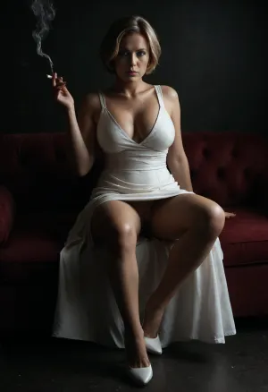 ((solo)), 1/2 body view, fit Sharon Stone, ((completely clothing)), ((in white formal dress)), ((white high heels)), ((blonde short pixie haircut)), ((smoking a cigarette)), ((legs together:1.1)), ((in front viewer)), 30 years old, perfect face, ((sad:1.3)), ((milf:1.4)), blue eyes, makeup, red lipstick, ((sitting on sofa)), ((flashed her pussy:1.1)), <lora:580159_training_data:.5>, <lora:dark:.5>, <lora:Smoking_Babes_XL_V2:.5>, Fixhand, <lora:681678_training_data:.8>