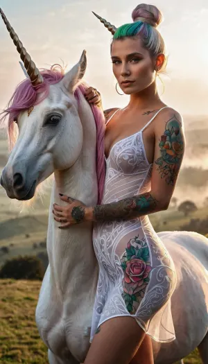 High detailed graphic novel line illustration of a woman fully tattooed only unicorn style, tattooes all over chest, and arms and upper legs, (((hairbun, woman no horn))), unicorn style style tattoos, elf transparent dress, swag, babe, gorgeous woman, full body wearing, elf style, neon hair, super detailed fine lines, front view, (((woman hugs a white realistic unicorn, unicorn with horn))), (((unicorn, white unicorn))), outdoors elf hills in background, fog, sunburn, woman and unicorn in portrait, 3/4 body view