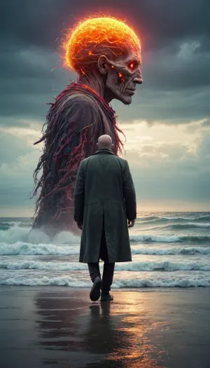 man in long coat walking on ocean, giant worn out head in background, concept art, fantasy art, colorfully, stylish, colorful, style, bold, colors, primary, neon, <lora:Colorfully_Stylish_Beta:.5>, <lora:718513_training_data:.5>