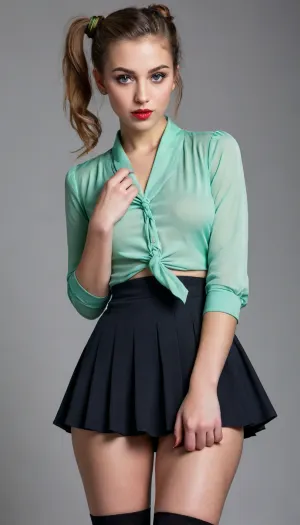 Photorealistic, young woman with pigtails and licking a lollipop, (((cleavage))), (((blouse in knot, pleated skirt, knee socks, strappy shoes))), (bellybutton ring, nose ring lip ring), (perfect hands), (perfect fingers), (((beautiful face, stunning, gorgeous, natural face))), (((realistic face))), cleavage, no bra, panties, green eyes, tongue stud, With a striking, angular structure, her face carries an intensity that captivates and commands attention. Her high cheekbones stand out, creating sharp, defined lines beneath her eyes. The contours of her face are accentuated by her slender jawline, which tapers into a pointed chin, giving her an almost ethereal, otherworldly quality. Her skin is pale, often with a subtle, natural glow, emphasizing the cool undertones in her complexion.

Her eyes are large and almond-shaped, often highlighted with a smoky or muted makeup style that enhances their deep, reflective quality. They convey a sense of mystery, sometimes appearing intense and brooding, at other times soft and introspective. Her eyebrows are well-groomed, arched but not overly defined, providing balance to her face's sharp features.

The nose, narrow and slightly angular, complements the overall symmetry of her face, adding to its stark beauty. Her lips are moderately full, with the top lip having a distinctive, well-defined Cupid's bow. When she smiles, it’s subtle, often carrying a hint of mischief or vulnerability, adding an intriguing complexity to her expressions.

A sense of quiet strength emanates from her face, balanced by moments of vulnerability that make her appear both elusive and approachable. There’s a certain rawness to her features, a mix of youthful charm and mature gravitas, making her look timeless yet contemporary. Whether in repose or mid-expression, the energy in her face seems to shift, offering layers of depth that are as captivating as they are enigmatic.