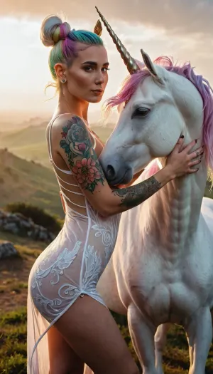 High detailed graphic novel line illustration of a woman fully tattooed only unicorn style, tattooes all over chest, and arms and upper legs, (((hairbun, woman no horn))), unicorn style style tattoos, elf transparent dress, swag, babe, gorgeous woman, full body wearing, elf style, neon hair, super detailed fine lines, front view, (((woman hugs a white realistic unicorn, unicorn with horn))), (((unicorn, white unicorn))), outdoors elf hills in background, fog, sunburn, woman and unicorn in portrait, 3/4 body view