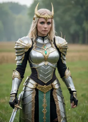 Full length, body shot, Valka, (AFK_Journey), mature woman, pale skin, blonde hair, long hair, extremely long hair, wavy hair, bright green glowing eyes, claymore with gold grip, yellow jewel in the cross guard, big sword, elegant silver full plate armor, boob armor, light green under clothes, streaked hair, white capelet, armor has gold patterning, helmet with wings, one foot in front of the other, in a field, pale green fog, standing, skeletal motif, skeletal aesthetic, novuschroma, style, Rainbowiridal, Spiral, rainbowiridal, eyes, palette, Shiny..., Bright..., Intense, gaze, Fire, dragon, Amber, cat, Anthro..., Genetically, modified..., <lora:107_novuschromaSXL_a5:1>, <lora:Stunning_eyes_2:1.5>
